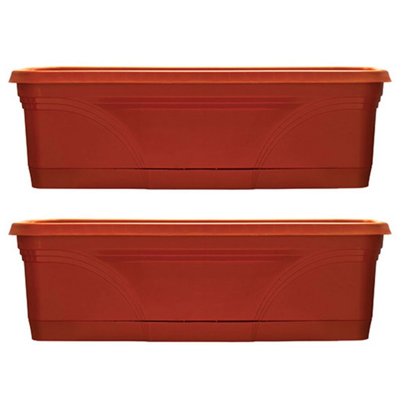 Southern Patio 36 Inch Rectangular Plastic Medallion Hanging Windowsill and Garden Box Planters with Drainage Holes, Terracotta (2 Pack), 1 of 5