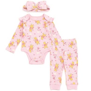 Disney Baby Girls Ribbed Bodysuit, Jogger Pants and Headband 3 Piece Outfit Set Newborn to Infant - 1 of 4