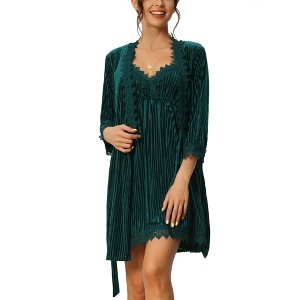 cheibear Women's Velvet Stripe with Lace Trim Loungewear Pajama Sets - 1 of 4