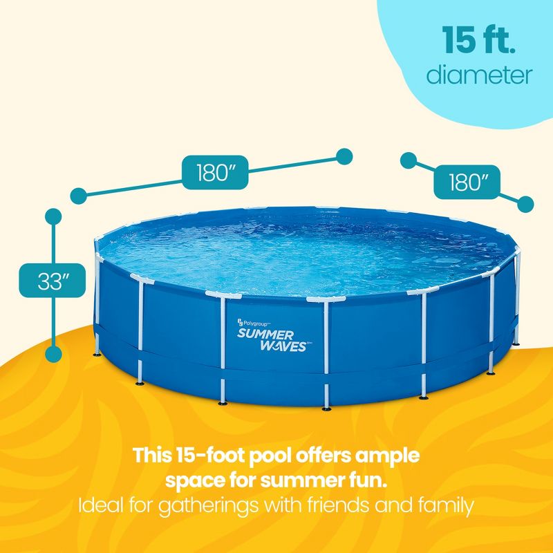 Summer Waves 15 Feet x 33 Inches Durable Round Metal Frame Above Ground Pool Set with SkimmerPlus Pump and Type D Filter Cartridge, Blue, 3 of 7