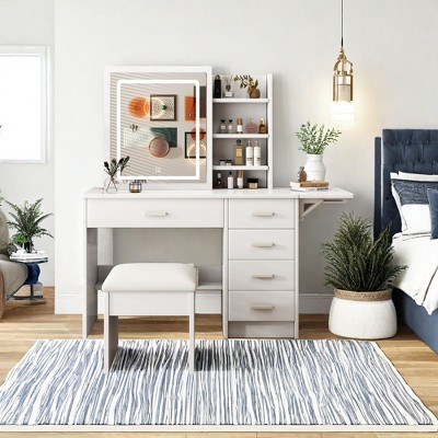 NicBex Vanity Desk with Mirror Vanity Table with Sliding Mirror, 5 Drawers, Makeup Vanity with Storage Cabinet, 4 Open Shelves for Bedroom, White