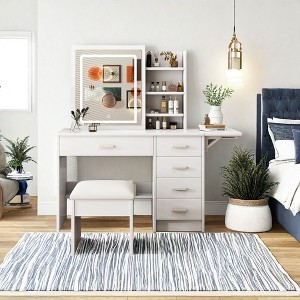 NicBex Vanity Desk with Mirror Vanity Table with Sliding Mirror, 5 Drawers, Makeup Vanity with Storage Cabinet, 4 Open Shelves for Bedroom, White - 1 of 4