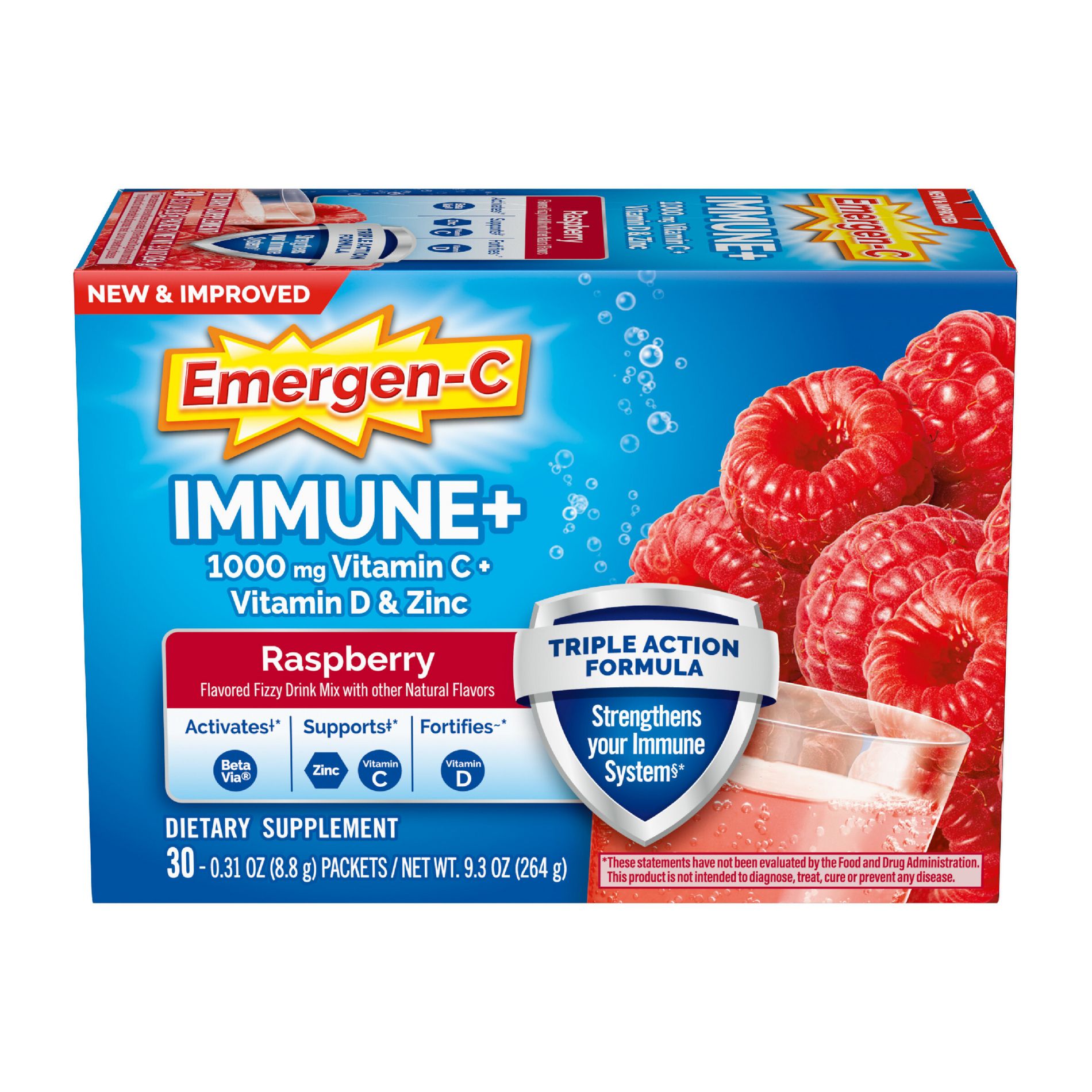 Emergen-C Immune+ Dietary Supplement Powder Drink Mix with Vitamin C - Raspberry - 30ct