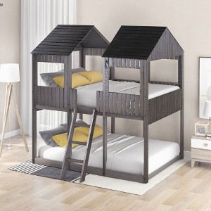 PAGED Full over Full Bunk Bed with Ladder, Wooden Bed Frame with Roof and Guardrail, Modern Loft Bed for Boy and Girl - 1 of 4