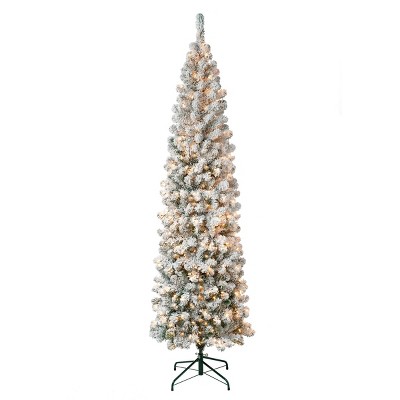 National Tree Company First Traditions Pre-Lit  Pencil Slim Flocked Acacia Hinged Artificial Christmas Tree Clear Lights