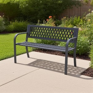 Dyonery iron frame bench is made of solid metal and features a geometric hollowed-out design, making it suitable for gardens, courtyards, and terraces - 1 of 4