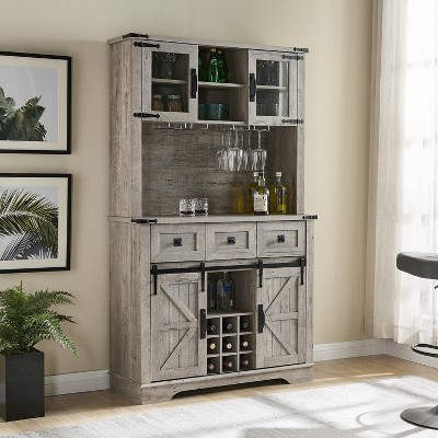 OKD 72" Bar Cabinet with Sliding Barn Door, Large Kitchen Buffet with Hutch w/Wine & Glasses Rack, 3 Drawers, 12 Storage Shelves