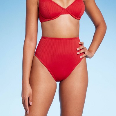 Women's High Waist High Leg Ribbed Medium Coverage Bikini Bottom - Shade &  Shore™ Red XL