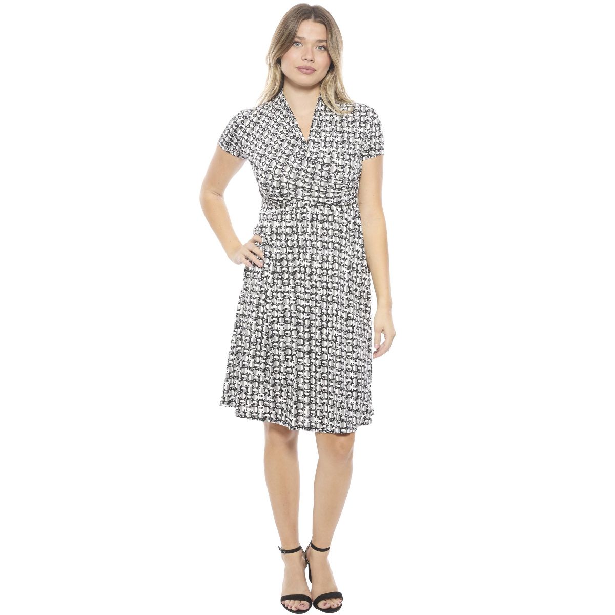 Womens Geometric V-Neck Short Sleeve Faux Wrap Knee Length A-Line Dress - 24seven Comfort Apparel™