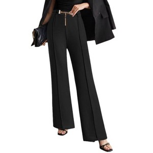 Women's High-Waist Trousers Kick Hem Flowy Pants with Metal Belt Solid Color Bottoms - 1 of 4
