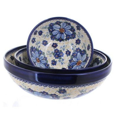 Blue Rose Polish Pottery Daisy Surprise 3 Piece Serving Bowl Set