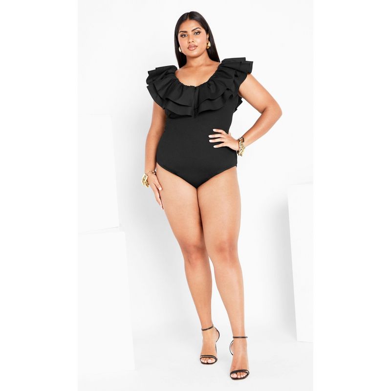 Women's Plus Size Frill Shoulder Bodysuit - black | CITY CHIC, 4 of 9