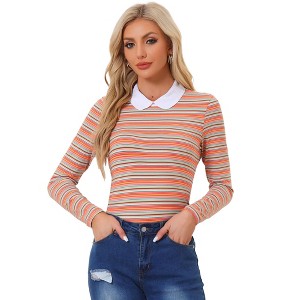 INSPIRE CHIC Women's Long Sleeves Contrast Peter Pan Collar Striped Blouse Top - 1 of 4