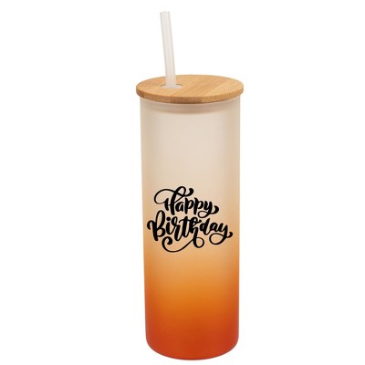 Elanze Designs Happy Birthday Cake with Bows Wrap-Around Design 25 Ounce Frosted Gradient Glass On-The-Go Coffee Travel Skinny Tumbler Mug Cup, Bamboo