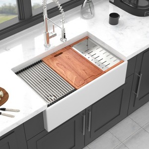 Gulches 33" White Farmhouse Workstation Sink, Ceramic Double Bowl - 1 of 4
