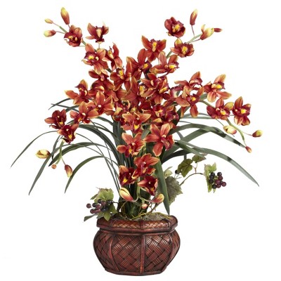 Nearly Natural White Cymbidium Silk Flower Arrangement with Decorative Vase