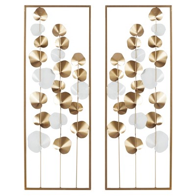 (Set of 2) 12" x 33.5" Rectangular Metal Framed Leaf Gold/White - Olivia & May