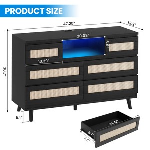 GARVEE 6 Drawer Rattan Dressers,Wooden Durable Dressers & Chests of Drawers with LED Light and Charging Station, TV Stand for Bedroom - 1 of 4