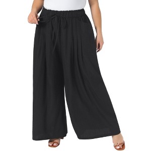 Women's Plus Size Adjustable Flowy Tie Knot High Waist Wide Leg Casual Work Palazzo Pants with Pockets - Agnes Orinda - 1 of 4