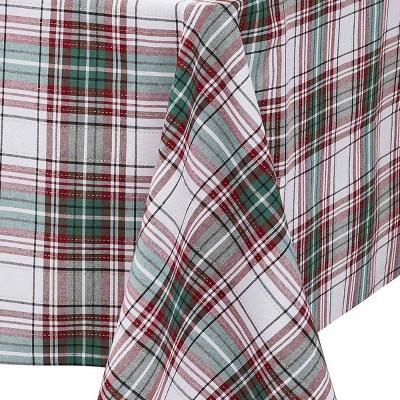 Classic Red and Green Plaid Fabric Christmas Tablecloth with Gold Detailing