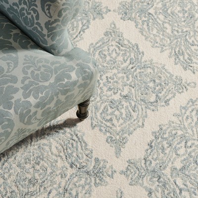 Ivory and Blue Hand-Tufted Wool Damask Runner Rug