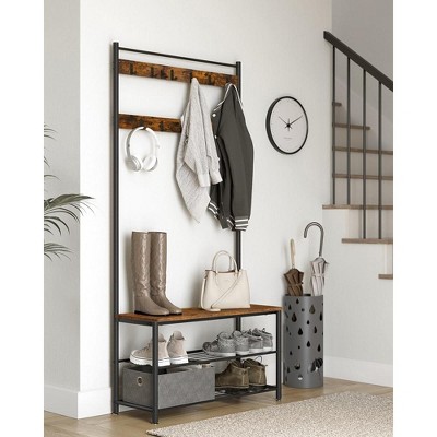 Rustic Brown and Black Hall Tree with Storage Bench