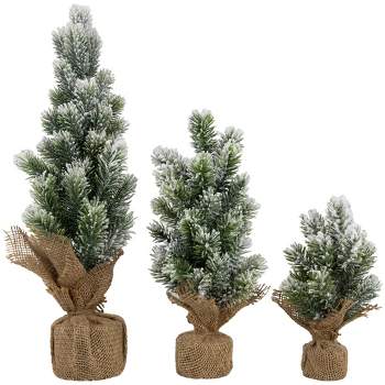Northlight Mini Flocked Pine Artificial Christmas Trees with Burlap Base - 18" - Set of 3