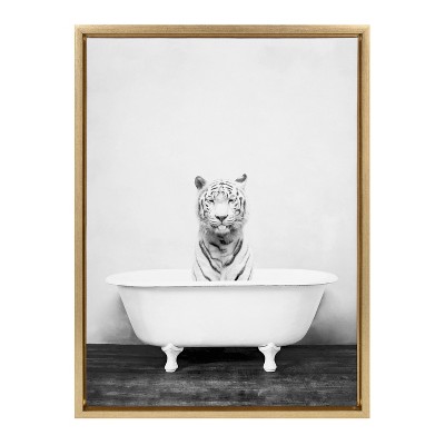 White Tiger in Bathtub Gold Framed Canvas Art