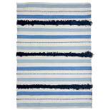 Northlight 3.5' x 2.25' Blue, Cream and Black Striped Handloom Woven Outdoor Throw Rug