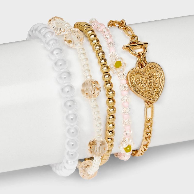 Mixed Beaded Flower and Heart Charm Bracelet Set 5pc - Wild Fable&#8482; Gold/Pink/Clear, 3 of 6