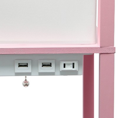 Light Pink Etagere Floor Lamp with USB Ports and Linen Shade