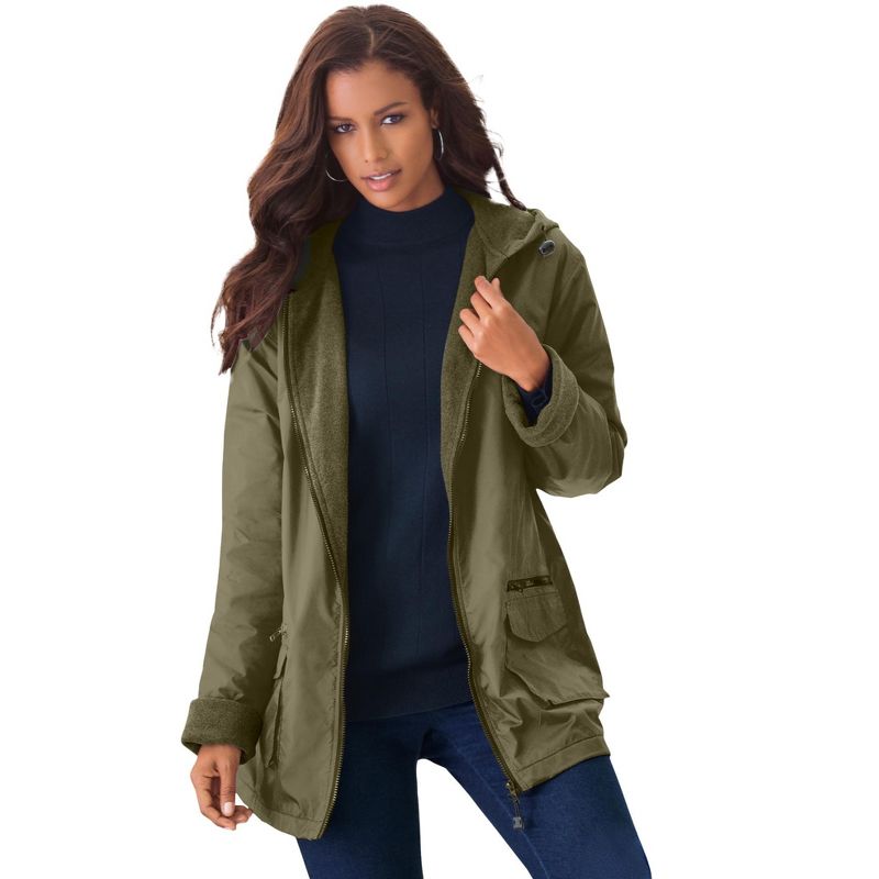 Roaman's Women's Plus Size Hooded All-Weather Jacket Fleece Lining Rain Coat, 1 of 2