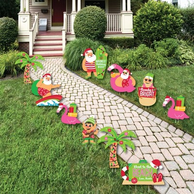 Big Dot of Happiness Tropical Christmas - Santa, Palm Tree, Suitcase, Flamingo, Snowman, Elf Lawn Decor - Outdoor Beach Santa Holiday Yard Decor-10 Pc