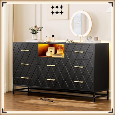 Jojoka Modern 8-Drawer Dresser with LED Lights & Charging Station, Wood Storage Chest & TV Stand for Bedroom or Living Room, Black