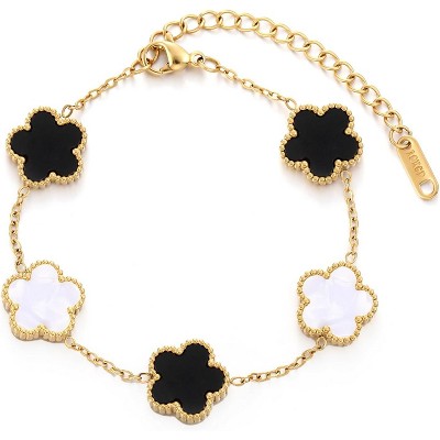Four Leaf Clover Bracelet for Women 18K Gold Plated Stainless Steel Lucky 4 Leaf Gold Link Bracelet Jewelry Gift for Women