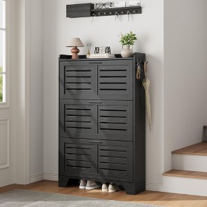 Shoe Storage Cabinet with 3 Flip Drawers and 2 Side Hooks, Freestanding Shoe Organizer Storage for Entryway, Farmhouse Hidden Shoe Cabinet, Black - 1 of 4