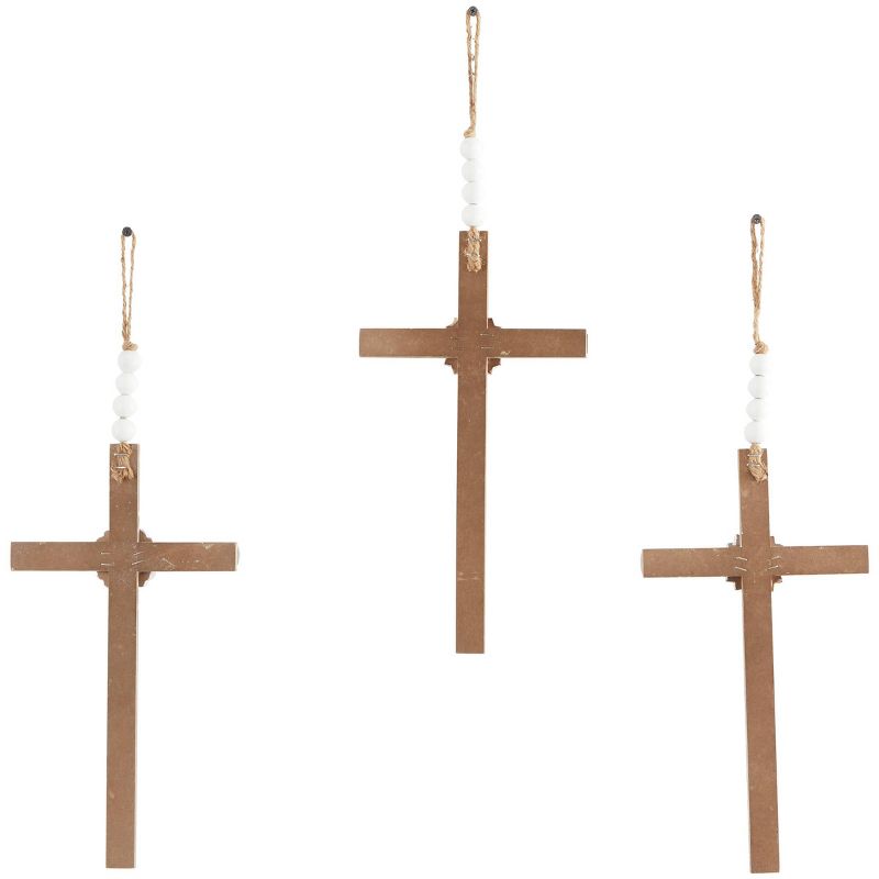 Set of 3 Wood Biblical Carved Beaded Crosses Wall Decors with Rope Hanger Light Brown - Olivia &#38; May, 3 of 6