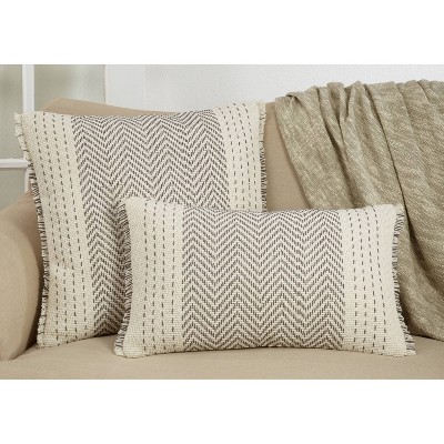 Gray Kantha Stitch Cotton Throw Pillow with Insert