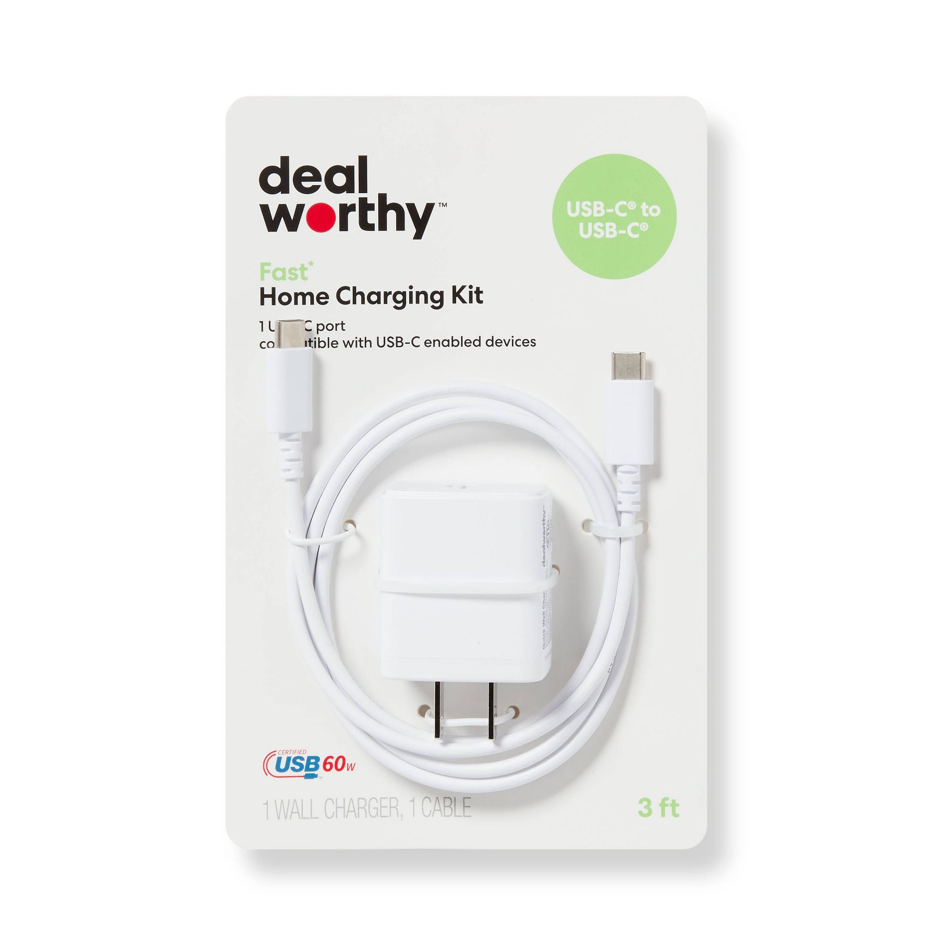 Single Port 20W USB-C Home Charger with 3' USB-C to USB-C Cable - dealworthy™ White: Wall Adapter & Cable