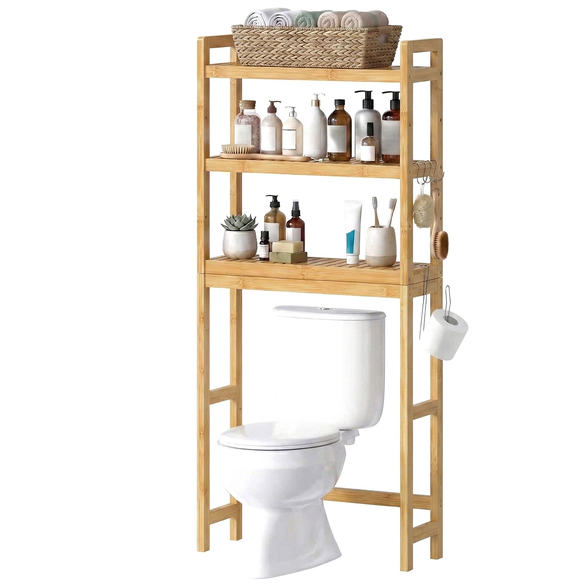 LEDREM Over The Toilet Storage Shelf, 3-Tier Bamboo Bathroom Organizer Adjustable Saver Space Rack with Toilet Paper Holder, Natural