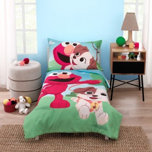 Sesame Street Furry Friends Blue, Green and Red Elmo and Puppy 4 Piece Toddler Bed Set - 1 of 4