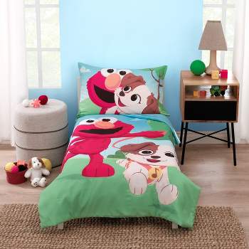 Sesame Street Furry Friends Blue, Green and Red Elmo and Puppy 4 Piece Toddler Bed Set