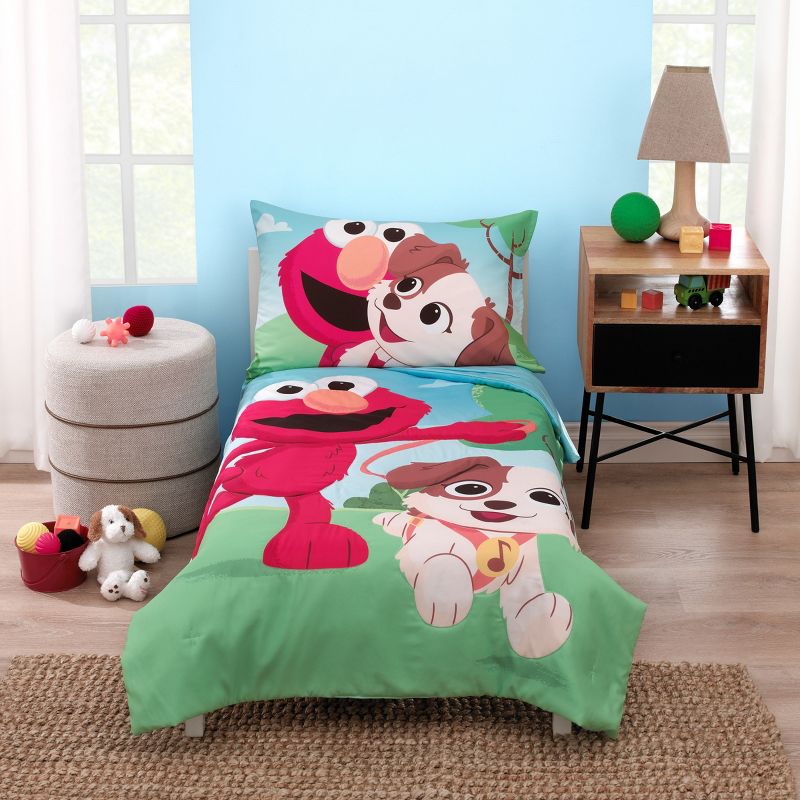 Sesame Street Furry Friends Blue, Green and Red Elmo and Puppy 4 Piece Toddler Bed Set, 1 of 7