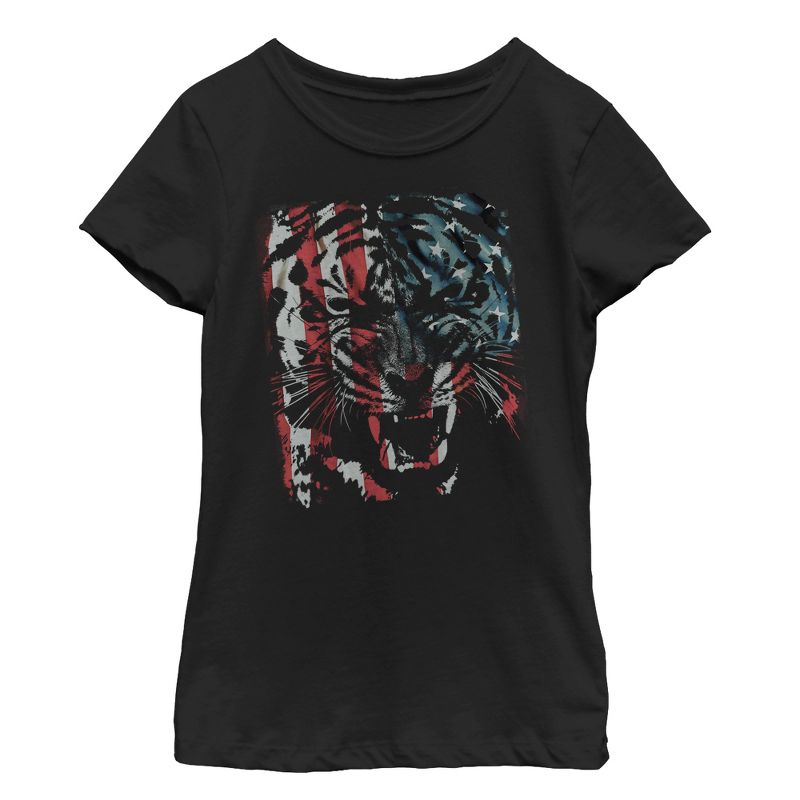Girl's Lost Gods Tiger Growl American Flag T-Shirt, 1 of 4