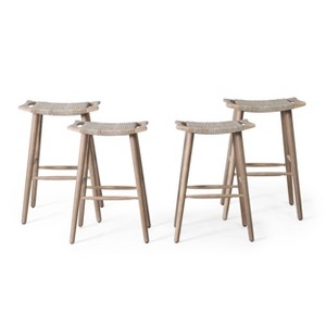 Pulaski 4pk Outdoor Acacia Wood Bar Stools with Wicker - Light Brown - Christopher Knight Home - 1 of 4