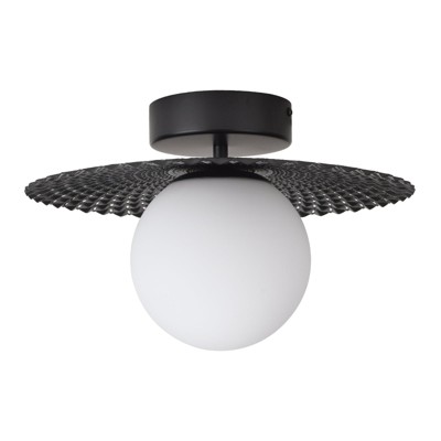 PAKOKULA 1-Light Black Diffuser Semi-Flush Mount Ceiling Light with Metal Pleated Shade and White Glass Shade