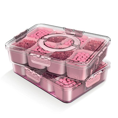 LunaLulinlk 8-compartment tray with lid, portable snack tray with handles and plates, Pink, 2 Pack