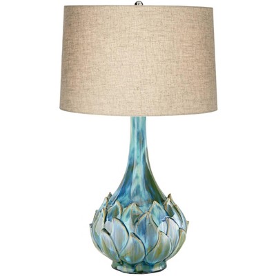 Possini Euro Design Modern Table Lamps with Table Top Dimmer Blue Green Ceramic Beige Linen Drum Shade for Living Room Bedroom