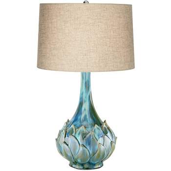 Possini Euro Design Kenya Modern Table Lamp 29 1/2" Tall Blue Green Ceramic with Dimmer Beige Shade for Bedroom Living Room Bedside Nightstand Office