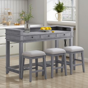 54" 4-piece Dining Bar Table Set with 3 Upholstered Stools, Multifunctional Dining Table with 3 Drawers (Gray) - 1 of 4